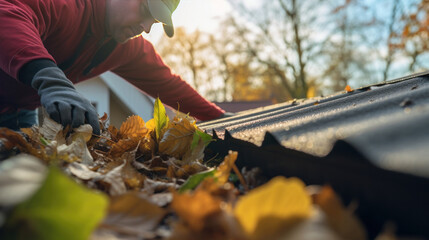 A man cleaning leaves in a rain gutter on a roof, cleaning dirty gutters.