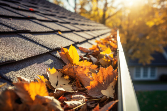 A man cleaning leaves in a rain gutter on a roof, cleaning dirty gutters.