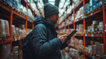 Worker holding digital tablet walking around retail warehouse. - obrazy, fototapety, plakaty