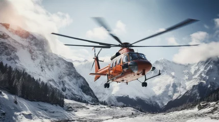 Papier Peint photo hélicoptère A rescue helicopter flies over snowy mountains.