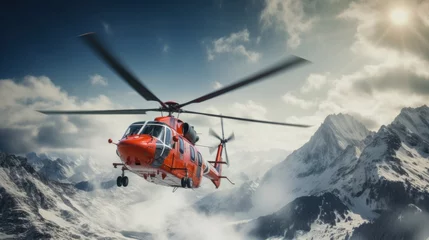 Selbstklebende Fototapeten A rescue helicopter flies over snowy mountains. © Wararat