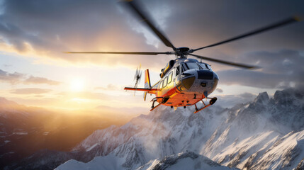 Fototapeta na wymiar A rescue helicopter flies over snowy mountains.