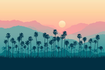 Silhouettes of palm trees against the backdrop of sunset and mountains. Panoramic tropical landscape. Paradise Island. Vector illustration of exotic nature. - obrazy, fototapety, plakaty