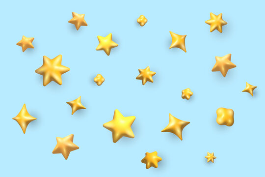 3d cartoon yellow stars falling on a blue background. 3d stars seen from different angles 