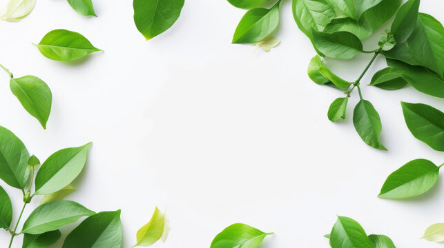 Fresh Green Leaves on White Background with Space for Text
