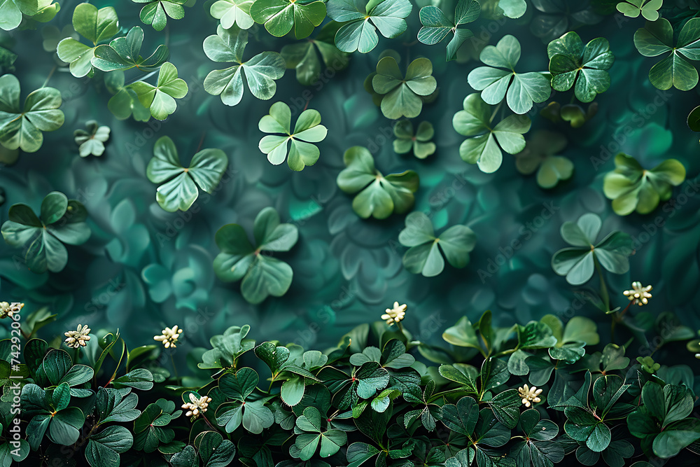 Poster st. patrick's day with green clover and green background with copy space