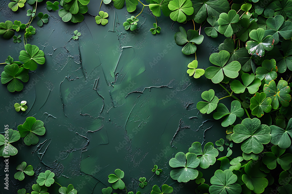 Poster st. patrick's day with green clover and green background with copy space