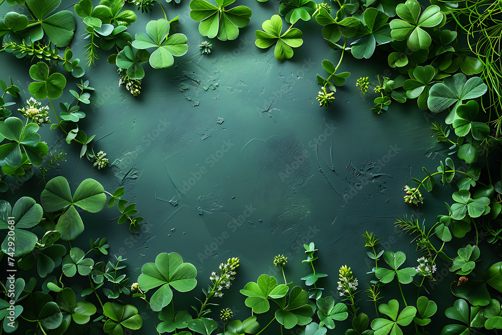 Poster st. patrick's day with green clover and green background with copy space