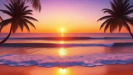 Fototapeta na wymiar Fantastic view of sea water waves with orange sunlight at sunrise or sunset. Tropical beach landscape, exotic coast. Tropical beach with palm trees at sunset