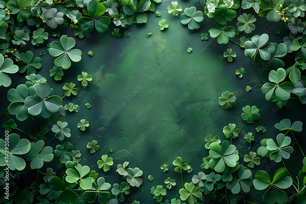 Poster st. patrick's day with green clover and green background with copy space