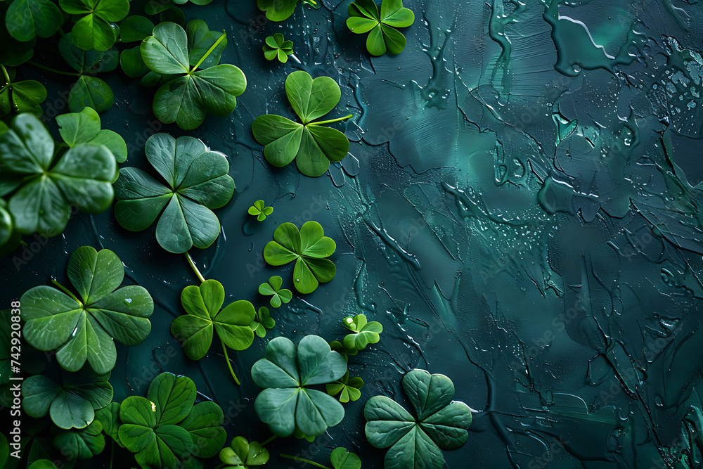 Poster st. patrick's day with green clover and green background with copy space
