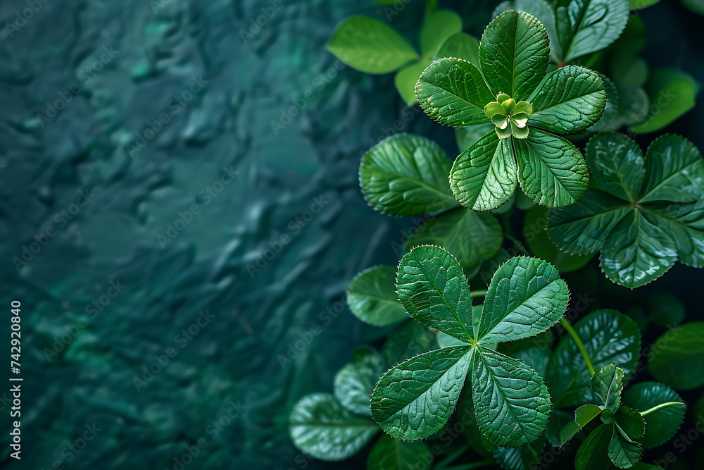 Poster st. patrick's day with green clover and green background with copy space
