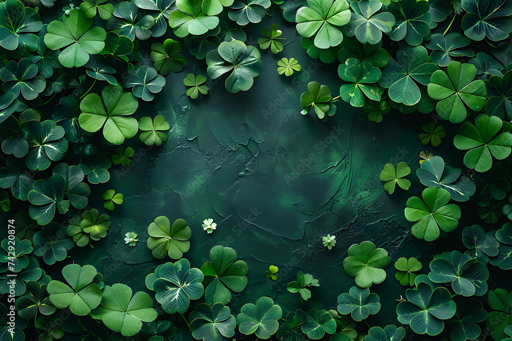 Poster st. patrick's day with green clover and green background with copy space