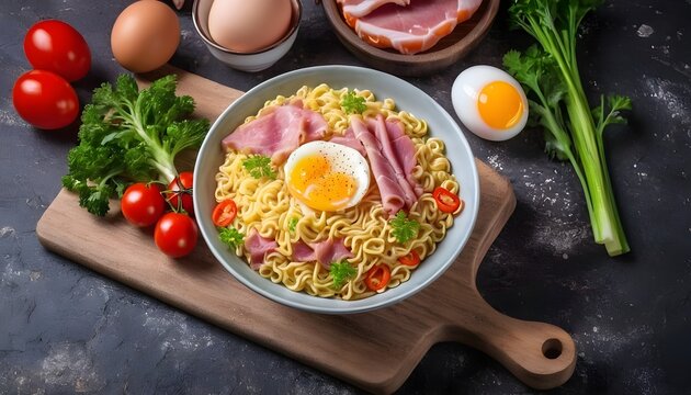 Fragrant instant noodles on a cutting Board with vegetables, ham and egg. On dark rustic background