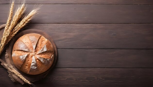 Fresh bread with ears of rye. On a wooden table. Free space for text . Top view