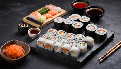 Fresh sushi rolls in a plate on a cutting Board with chopsticks and sauces. On dark rustic background