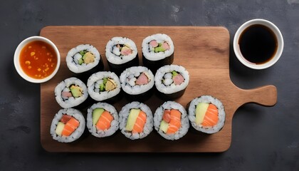 Fresh sushi rolls in a plate on a cutting Board with chopsticks and sauces. On dark rustic background