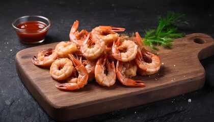 Fried shrimps on a cutting Board with sauce. On dark rustic background