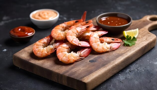 Fried shrimps on a cutting Board with sauce. On dark rustic background