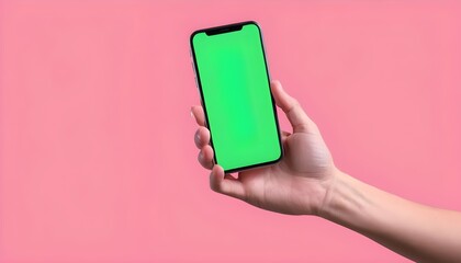 Human hand holding mobile smartphone with green screen in horizontal position isolated on pink background. clipping path - obrazy, fototapety, plakaty