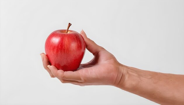 Hand holding bite red apple isolated on white background. Ripe red apple in human hand
