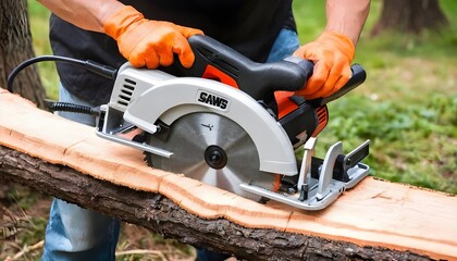 man cutting wood on electric saw Saws for cutting trees - obrazy, fototapety, plakaty