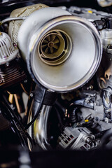 Diesel engine turbocharger.Turbo charger on car engine for power booster torque drive.A big turbo...