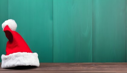 Obraz na płótnie Canvas Santa Clause Red Hat With Copy Space on Green and Wood Background