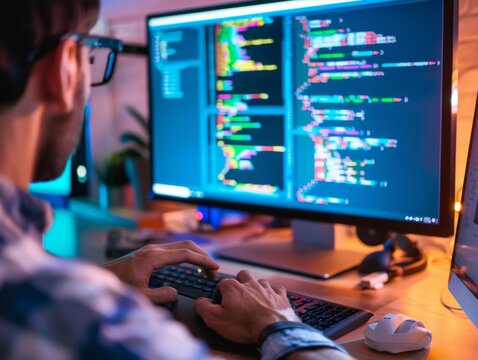 Programmer working in solitude hands illuminated by the soft light of a monitor displaying cryptic code