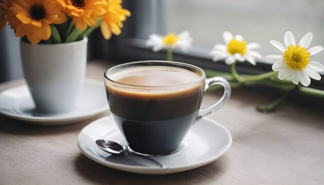 Refreshing black coffee. Cozy spring morning. Refreshing day at home with a cup of coffee and fresh spring flowers