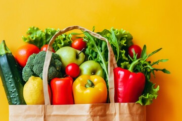 Fototapeta na wymiar Paper bag with vegetables and fruits, Vegetarian food advertising-inspired