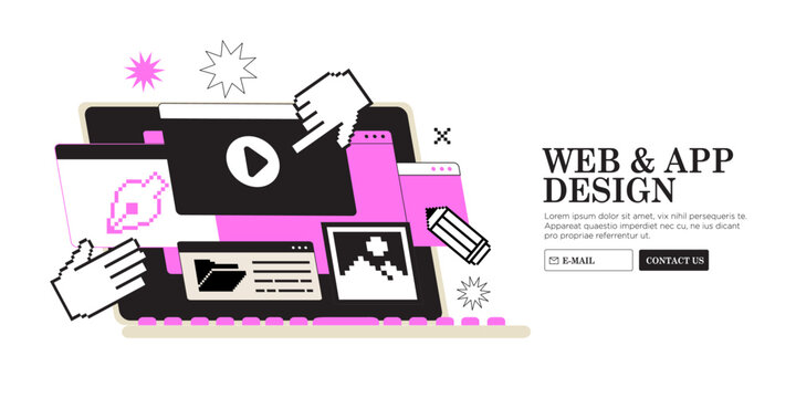 Pixel hands work on website or application, ui ux design and programming on computer. Team of designers do research and prototyping. Web studio or mobile app concept for banner, ads, landing page.