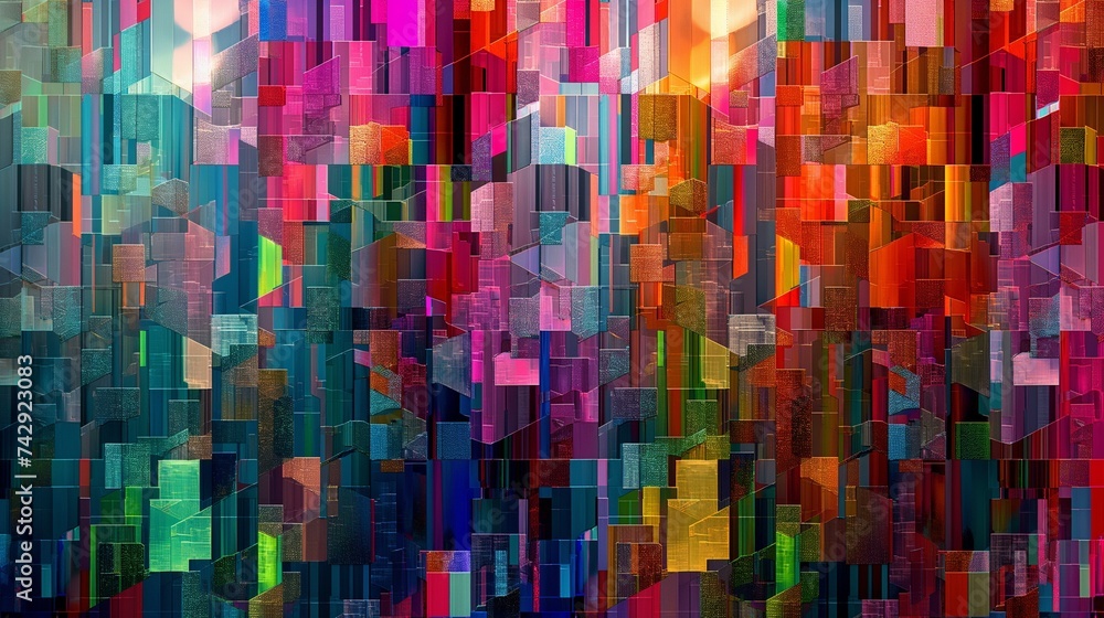 Poster a digital art piece featuring a vibrant mosaic of geometric shapes in a myriad of colors, each piece