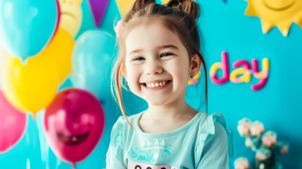 Fototapeta na wymiar Cheerful young girl with colorful balloons celebrating Smile Day