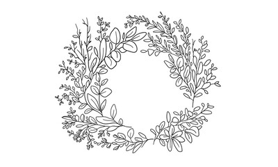 Floral wreath line art drawing on white background. Wreath flowers tattoo. Wedding design elements outline. Wedding circle border vector illustration	