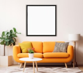 Living room interior with a yellow sofa against the wall. Painting layout. Copy space.