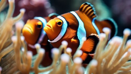 Beautiful clown fish nemo in the sea anemone. Detail of anemone fish hiding