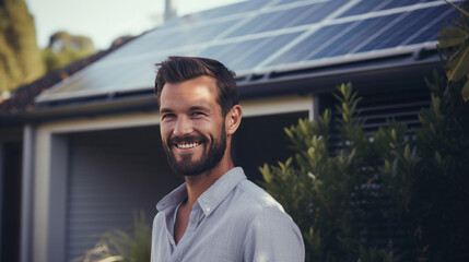 A happy young businessman stands smiling of a house with solar panels installed.
