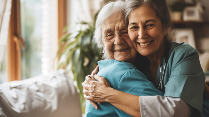 Happy woman, nurse and hug senior patient in elderly care, support or trust at old age home. Portrait of mature female person, doctor or medical caregiver hugging with smile for embrace at house - obrazy, fototapety, plakaty