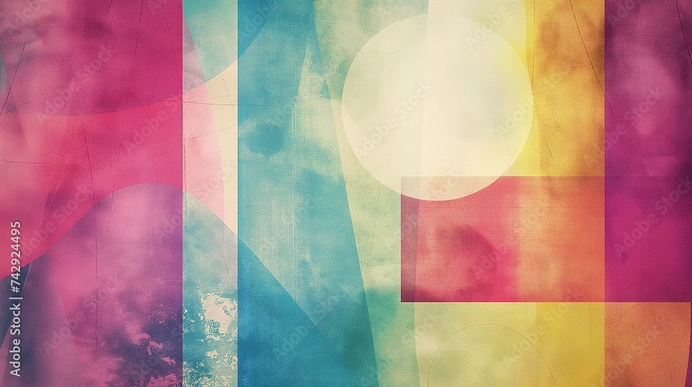 Poster a digital background featuring abstract geometric shapes in a watercolor style, blending vibrant col