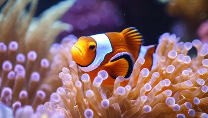 Fototapeta na wymiar Beautiful clown fish nemo in the sea anemone. Detail of anemone fish hiding