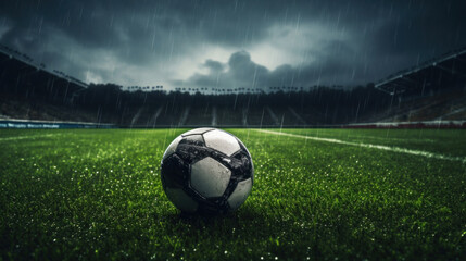 A soccer field with green grass, soccer ball lying on the field, rain coming down.