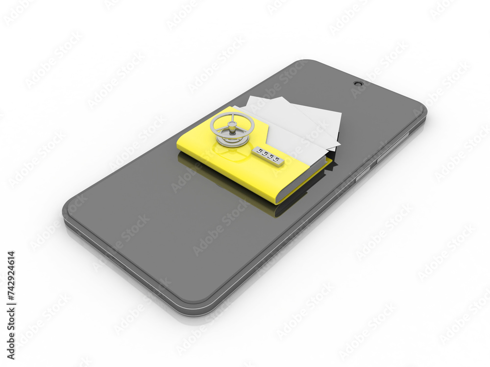 Poster yellow folder and lock with mobile. data security concept. 3d rendering