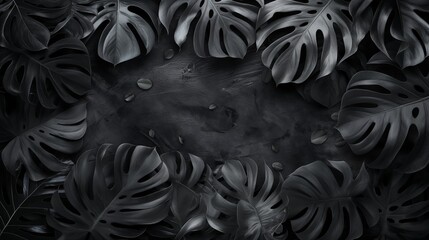 A digital creation that mimics the look of charcoal sketches of tropical leaves on a dark paper background. 