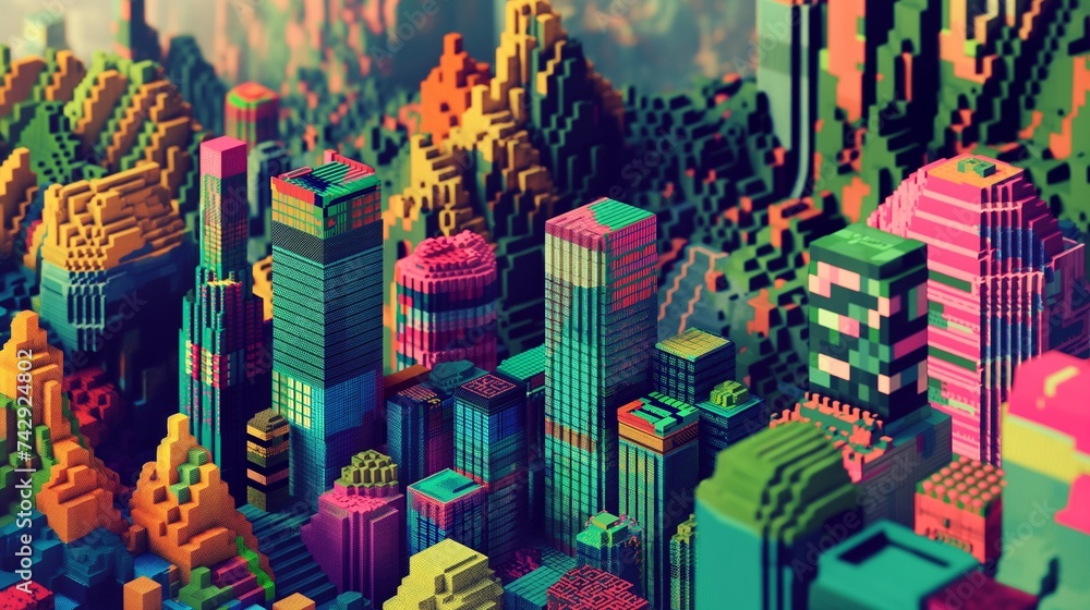 Poster a digital landscape created with a nod to retro gaming, featuring pixelated geometric shapes and pat