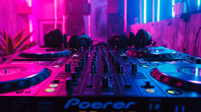Professional DJ booth in a sleek studio setup, with turntables, mixers, and colorful LED lighting creating an electrifying atmosphere for music production 