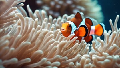 Fototapeta na wymiar Beautiful clown fish nemo in the sea anemone. Detail of anemone fish hiding