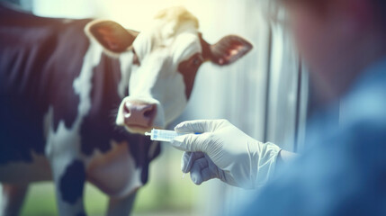 Close up hand of a veterinarian gives injection syringe to cow. Concept vaccine for health care of cattle on livestock farm. - obrazy, fototapety, plakaty