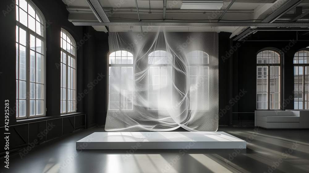 Poster 3d rendering of an empty room with a large window and curtains