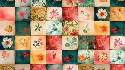 A digital pattern inspired by artisan tiles, with each segment featuring unique watercolor designs, blending traditional motifs with the unpredictable beauty of watercolor textures. 8k